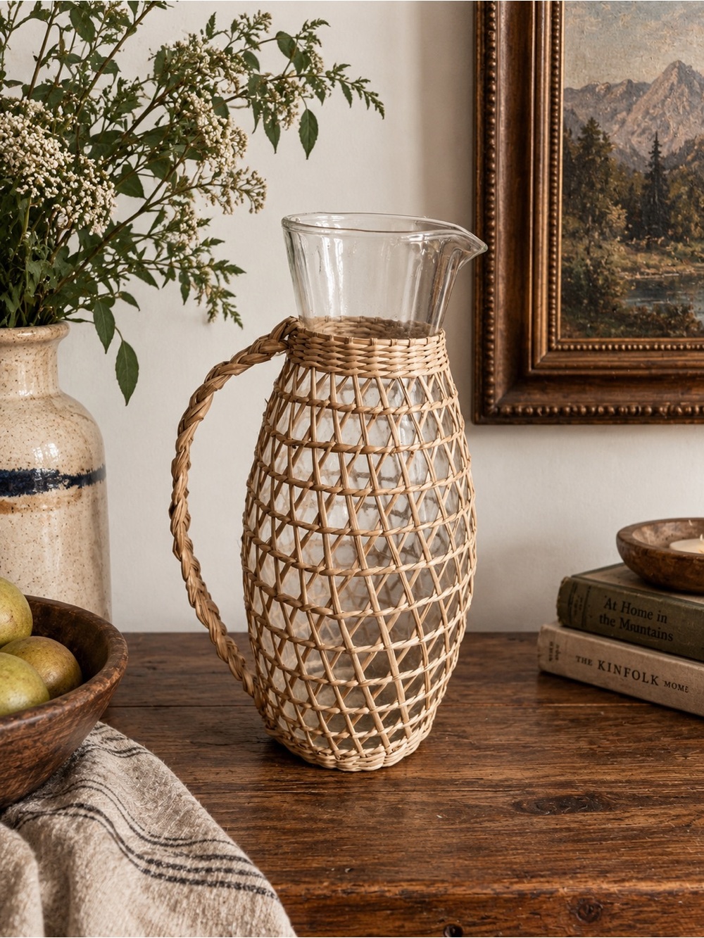 Vintage Woven Rattan Glass Pitcher - Picture 1 of 5